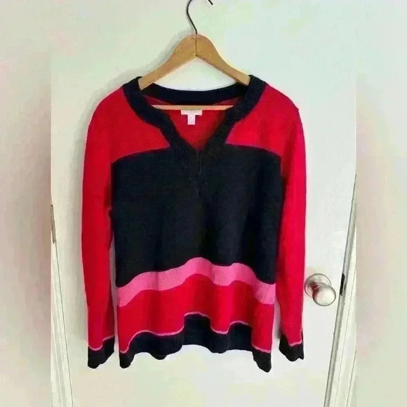 Charter Club Knitted Sweater Red, Blue and Pink, V-Neck Cotton Blend, Size P/L - Picture 1 of 6